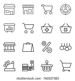 Thin line icon set : shop, cart, target audience, presentation, add to basket, delete, market, shopping bag, percent, sale, cashbox, mall