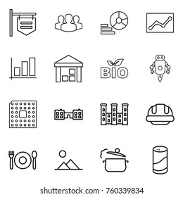 Thin line icon set : shop signboard, group, diagram, statistics, graph, warehouse, bio, jet robot, cpu, school, palace, building helmet, cafe, landscape, steam pan, cleanser powder