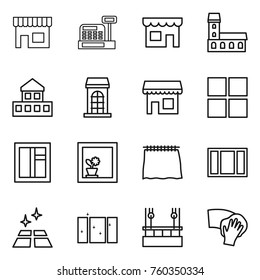 Thin line icon set : shop, cashbox, mansion, cottage, building, window, flower in, curtain, clean floor, skysrcapers cleaning, wiping