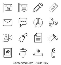 Thin line icon set : shop signboard, pencil, sale, mail, message, diagram, satellite, pass card, label, document, photo, signpost, hanger, toilet cleanser