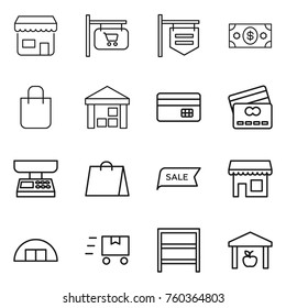 Thin line icon set : shop, signboard, money, shopping bag, warehouse, credit card, market scales, sale, hangare, fast deliver, rack