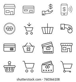 Thin line icon set : shop, card, investment, phone pay, crypto currency, add to cart, basket, hand coin, credit, delete