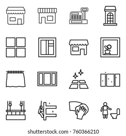 Thin line icon set : shop, cashbox, building, window, flower in, curtain, clean floor, skysrcapers cleaning, skyscrapers, wiping, toilet