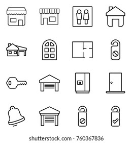 Thin line icon set : shop, wc, home, house with garage, arch window, plan, do not distrub, key, fridge, door, bell, please clean