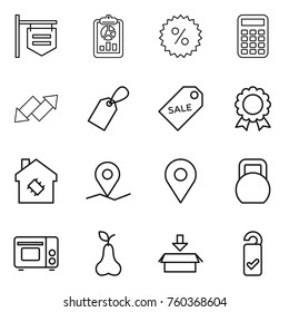 Thin line icon set : shop signboard, report, percent, calculator, up down arrow, label, sale, medal, smart house, geo pin, heavy, grill oven, pear, package, please clean