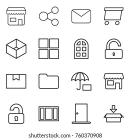 Thin line icon set : shop, share, mail, delivery, box, window, arch, unlock, package, documents, insurance, unlocked, door