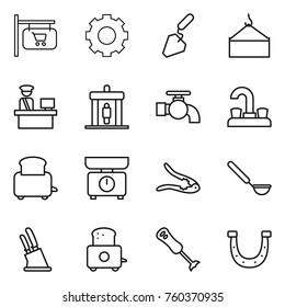 Thin line icon set : shop signboard, gear, construction, loading crane, customs control, detector, water tap, toaster, kitchen scales, walnut crack, ladle, knife holder, blender, horseshoe