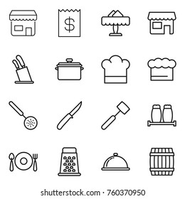 Thin line icon set : shop, receipt, restaurant, stands for knives, pan, cook hat, chief, skimmer, knife, meat hammer, salt pepper, fork spoon plate, grater, meal cap, barrel