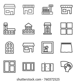 Thin line icon set : shop, cashbox, mansion, cottage, building, window, arch, flower in, curtain, clean, wiping