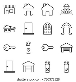Thin line icon set : shop, home, mansion, house with garage, door, arch window, key, do not distrub, please clean