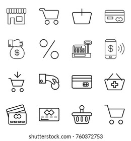 Thin line icon set : shop, cart, basket, card, money gift, percent, cashbox, phone pay, add to, hand coin, credit
