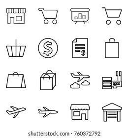 Thin line icon set : shop, cart, presentation, basket, dollar coin, account balance, shopping bag, journey, mall, plane, garage
