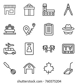 Thin line icon set : shop, gift, mansion, drawing compasses, flower bed, route, clipboard, confidential, transfer, identity card, palm hammock, tv, whisk, barn, maple leaf, scoop
