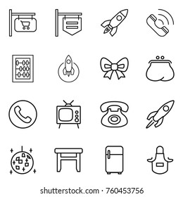 Thin line icon set : shop signboard, rocket, call, abacus, bow, purse, phone, tv, disco ball, stool, fridge, apron