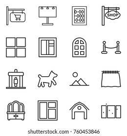 Thin line icon set : shop signboard, billboard, abacus, window, arch, vip fence, detector, dog, landscape, curtain, dresser, barn, clean