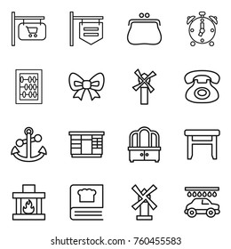 Thin line icon set : shop signboard, purse, alarm clock, abacus, bow, windmill, phone, anchor, wardrobe, dresser, stool, fireplace, cooking book, car wash