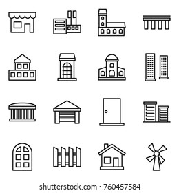 Thin line icon set : shop, store, mansion, bridge, cottage, building, skyscrapers, airport, garage, door, district, arch window, fence, home, windmill