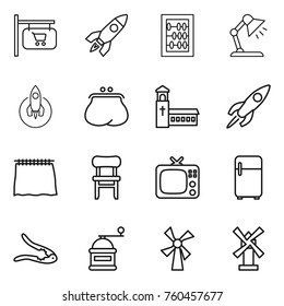 Thin line icon set : shop signboard, rocket, abacus, table lamp, purse, church, curtain, chair, tv, fridge, walnut crack, hand mill, windmill