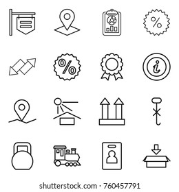 Thin line icon set : shop signboard, pointer, report, percent, up down arrow, medal, info, geo pin, sun potection, cargo top sign, do not hook, heavy, train, identity card, package