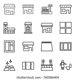 Thin line icon set : shop, cashbox, mansion, building, window, curtain, clean floor, skysrcapers cleaning, toilet