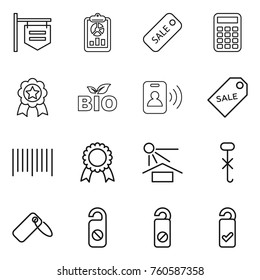 Thin line icon set : shop signboard, report, sale, calculator, medal, bio, pass card, label, bar code, sun potection, do not hook sign, distrub, please clean