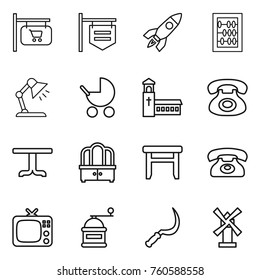 Thin line icon set : shop signboard, rocket, abacus, table lamp, baby stroller, church, phone, dresser, stool, tv, hand mill, sickle, windmill