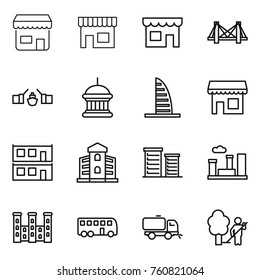 Thin line icon set : shop, bridge, drawbridge, goverment house, skyscraper, modular, building, district, city, palace, bus, sweeper, garden cleaning