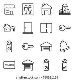 Thin line icon set : shop, wc, home, mansion, house with garage, door, plan, key, do not distrub, bell, welcome mat, please clean