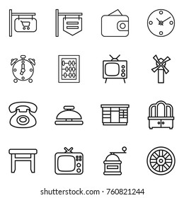 Thin line icon set : shop signboard, wallet, clock, alarm, abacus, tv, windmill, phone, service bell, wardrobe, dresser, stool, hand mill, wheel