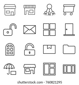 Thin line icon set : shop, share, delivery, unlock, mail, window, door, arch, package box, documents, insurance