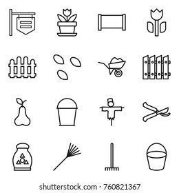 Thin line icon set : shop signboard, flower, fence, perishable, seeds, wheelbarrow, pear, bucket, scarecrow, pruner, fertilizer, rake