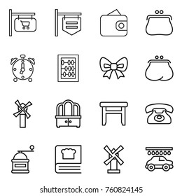 Thin line icon set : shop signboard, wallet, purse, alarm clock, abacus, bow, windmill, dresser, stool, phone, hand mill, cooking book, car wash