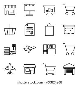 Thin line icon set : shop, billboard, presentation, cart, basket, account balance, shopping bag, atm receipt, mall, plane, consolidated cargo, airplane, garage