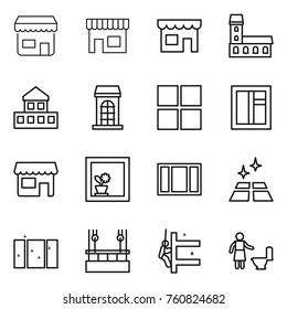 Thin line icon set : shop, mansion, cottage, building, window, flower in, clean floor, skysrcapers cleaning, skyscrapers, toilet