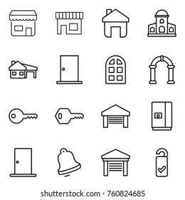 Thin line icon set : shop, home, mansion, house with garage, door, arch window, key, fridge, bell, please clean