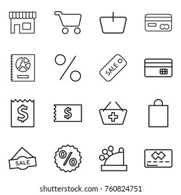 Thin line icon set : shop, cart, basket, card, annual report, percent, sale, credit, receipt, add to, shopping bag, cashbox