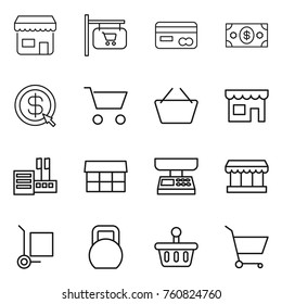 Thin line icon set : shop, signboard, card, money, dollar arrow, cart, basket, store, market, scales, cargo stoller, heavy