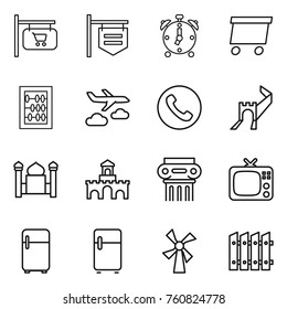 Thin line icon set : shop signboard, alarm clock, delivery, abacus, journey, phone, greate wall, minaret, fort, antique column, tv, fridge, windmill, fence