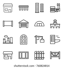 Thin line icon set : shop, bridge, skyscrapers, mall, fence, garage, hangare, fort, city, arch window, loading, hotel, farm