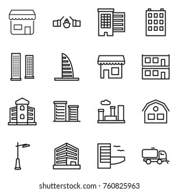 Thin line icon set : shop, drawbridge, houses, building, skyscrapers, skyscraper, modular house, district, city, outdoor light, office, hotel, sweeper