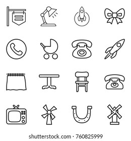 Thin line icon set : shop signboard, table lamp, rocket, bow, phone, baby stroller, curtain, chair, tv, windmill, horseshoe
