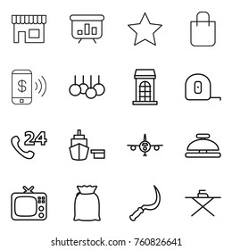 Thin line icon set : shop, presentation, star, shopping bag, phone pay, sale, building, measuring tape, 24, port, plane, service bell, tv, flour, sickle, iron board