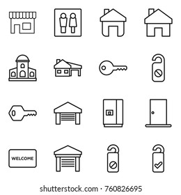 Thin line icon set : shop, wc, home, mansion, house with garage, key, do not distrub, fridge, door, welcome mat, please clean