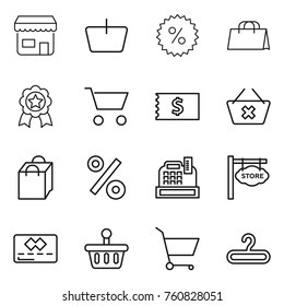 Thin line icon set : shop, basket, percent, shopping bag, medal, cart, receipt, delete, cashbox, store signboard, credit card, hanger