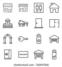 Thin line icon set : shop, wc, home, mansion, house with garage, door, plan, arch, key, do not distrub, fridge, welcome mat, please clean