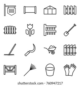 Thin line icon set : shop signboard, fence, greenhouse, perishable, watering, shovel, rake, sickle, wheelbarrow, farm, bucket, gloves