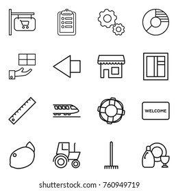 Thin line icon set : shop signboard, clipboard, gear, circle diagram, gift, left arrow, window, ruler, train, lifebuoy, welcome mat, lemon, tractor, rake, dish cleanser