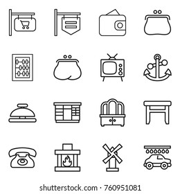 Thin line icon set : shop signboard, wallet, purse, abacus, tv, anchor, service bell, wardrobe, dresser, stool, phone, fireplace, windmill, car wash