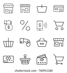 Thin line icon set : shop, basket, card, money gift, percent, phone pay, cart, hand coin, remove from, credit