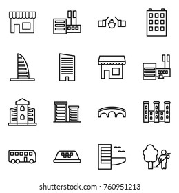 Thin line icon set : shop, store, drawbridge, building, skyscraper, mall, district, bridge, palace, bus, taxi, hotel, garden cleaning